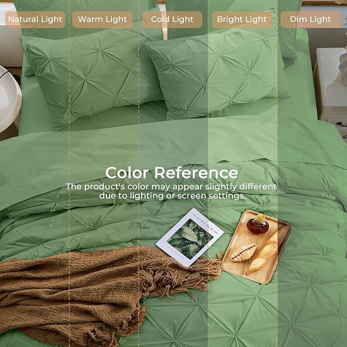 Sasttie Full Size Comforter Set, 7-Piece Bed in a Bag, Pintuck Bedding Set for All Season, Includes Comforter, Flat Sheet, Fitted Sheet, Pillowcases and Pillowshams, Green