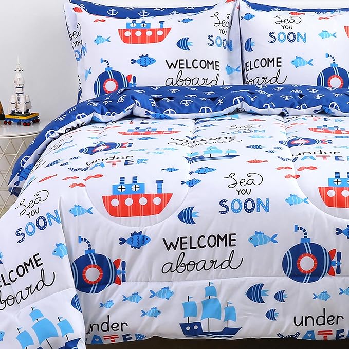 Viviland Kids Full Bedding Sets for Boys, Soft Full Comforter Set with Sheets, 7 Pieces Microfiber Bed in a Bag, Nautical Sea Ship