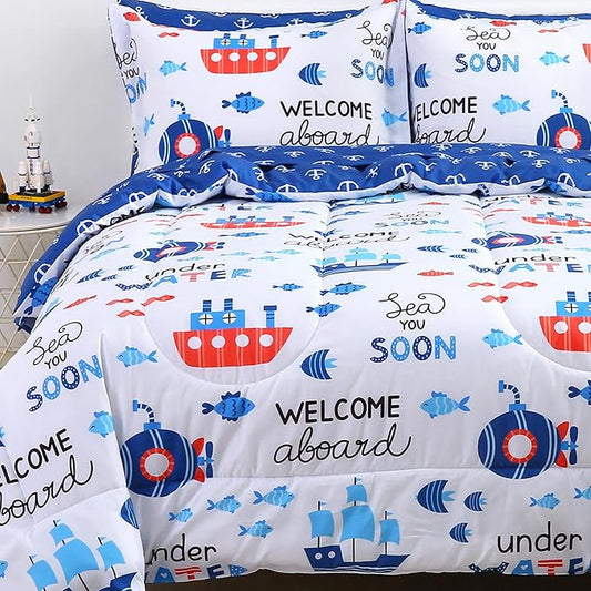 Viviland Kids Full Bedding Sets for Boys, Soft Full Comforter Set with Sheets, 7 Pieces Microfiber Bed in a Bag, Nautical Sea Ship