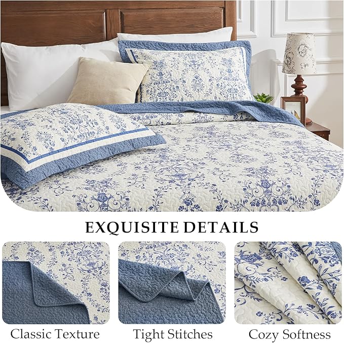 Oversized California King Bedspread - 100% Cotton Lightweight Quilted Coverlet - Soft Reversible Bedding, Medallion Floral Design - Includes 1 Bedspread (128x120)+2 Pillow Shams Blue/White