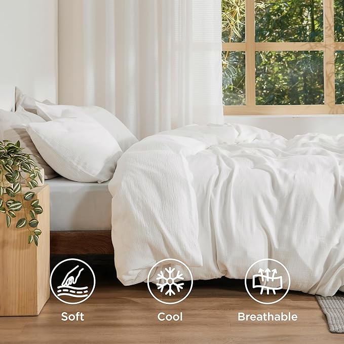 Bedsure Muslin Duvet Cover Queen Size - Cotton Blend Rayon Derived from Bamboo, Cooling Duvet Covet for Hot Sleepers - Ultra-Soft & Breathable Bedding Set for All Seasons(White, 90"x90")
