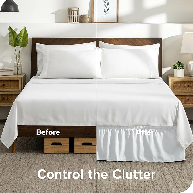 Bare Home Wrap Around Bed Skirt - for Cal King Size Beds with 15 inch Tailored Drop - Easy Fit Elastic Strap - Adjustable and Ruffled Style - Wrinkle, Fade, and Stain Free (Cal King, White)