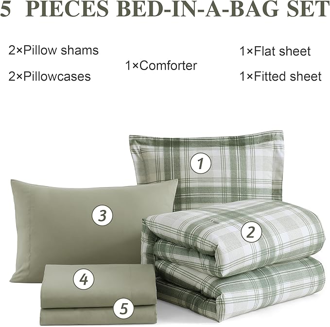 Twin XL Comforter Set, Green Plaid Bedding Set 5 Piece for Boys Girls Teen, Classic Homestead-Style Kids Comforter Set Bed in A Bag with Sheets, Pillowcase & Sham