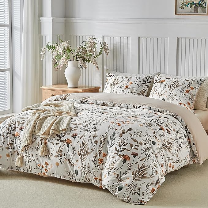 Lekesky Queen Size Duvet Cover Set, Lightweight Soft Microfiber Comforter Cover, Reversible Duvet Cover Queen with Branch Pattern, 3 Pieces Khaki Bedding Set with Zipper and 2 Pillowcases