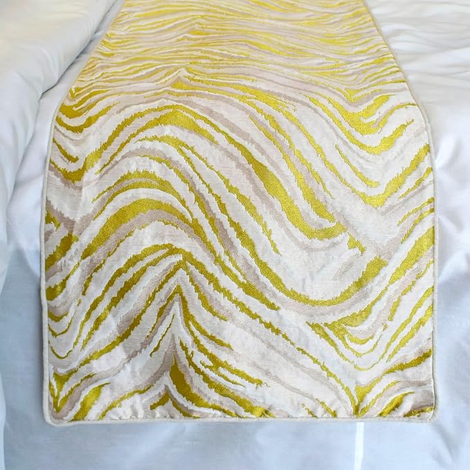 The HomeCentric King/Queen/Twin Yellow & Grey Decorative Bed Runner CA King 86"x18" Bed Runner Without Pillow Cover, Abstract Wave Pattern Bed Scarf on Jacquard Fabric - Yellow Whirls