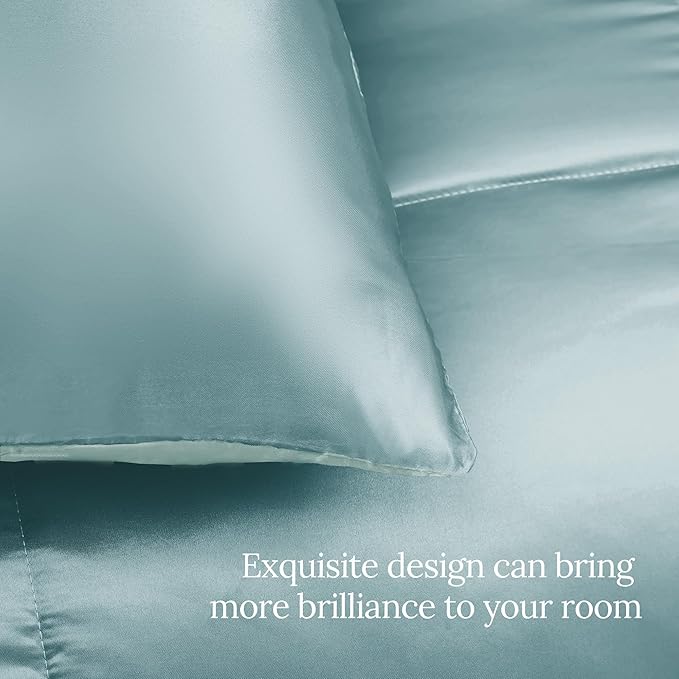 Whale Flotilla 3-Piece Reversible Silky Soft Queen Comforter Bedding Set, Luxurious Satin Comforters Full Size with 2 Satin Pillowcases, Lightweight Duvet for All Seasons, Haze Blue
