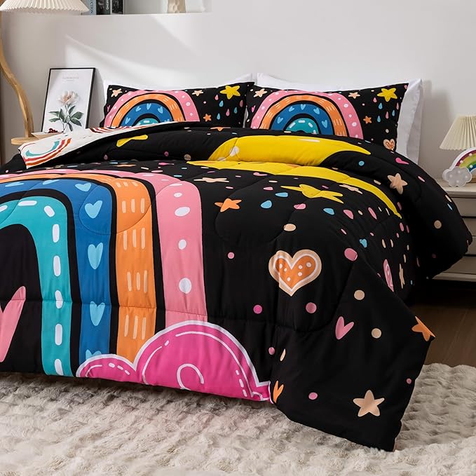 Btargot Lightweight Soft 3 Piece Rainbow Comforter Set with 2 Pillow Covers, Cartoon Love Hearts Flowers and Sun Moon Star Bedding Set for Girls Boys Kids, Full Black