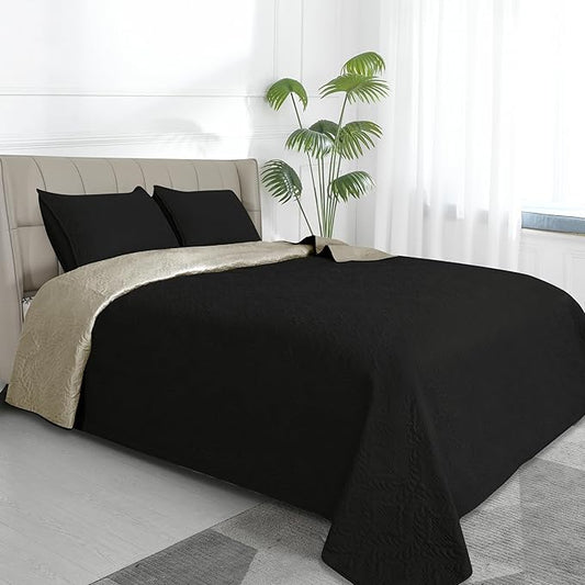 Easy-Going Twin Size Reversible Quilt Set with 1 Quilt and 1 Pillow Sham, Soft Bed Quilt Cover, Water Resistant Lightweight Microfiber Bedspread, Stain Resistant, Olive Leaf-Black/Beige