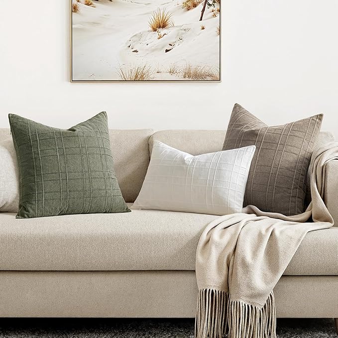 MIULEE Decorative Linen Check Throw Pillow Covers Neutral Farmhouse Vintage Spring Pillow Covers 18x18 Set of 2 Boho Modern Home Decor for Sofa Couch Bedroom Cushion Olive Green