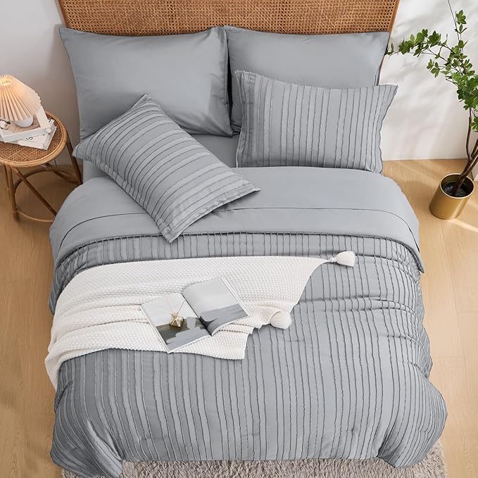 WURUIBO Comforter Set Size, Grey Comforter Set Queen Size, 7 Pieces Bed in a Bag, Ultra Soft Queen Bedding Set, Bed Set for All Seasons, Flat Sheet, Fitted Sheet, Pillowcases, Pillow Shams