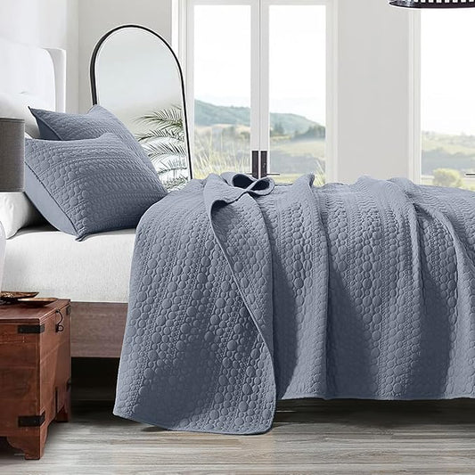 HORIMOTE HOME Quilt Set Twin Size Denim Blue, Classic Geometric Spots Stitched Pattern, Pre-Washed Microfiber Coverlet Ultra Soft Lightweight Quilted Bedspread for All Season, 2 Pieces