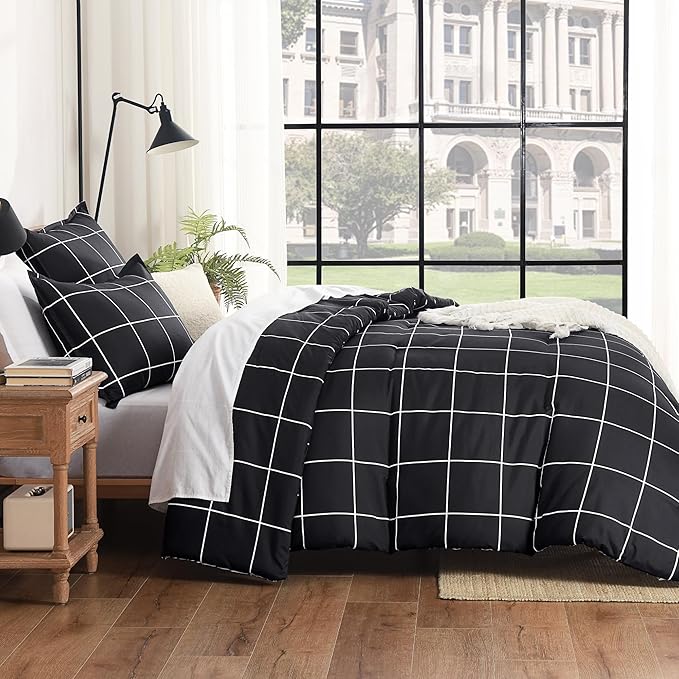 Andency Black Grid Comforter Set King(104x90Inch), 3 Pieces (1 Plaid Comforter and 2 Pillowcases) Black Plaid Comforter Set, Lightweight Microfiber Gingham Geometric Comforter Bedding Set
