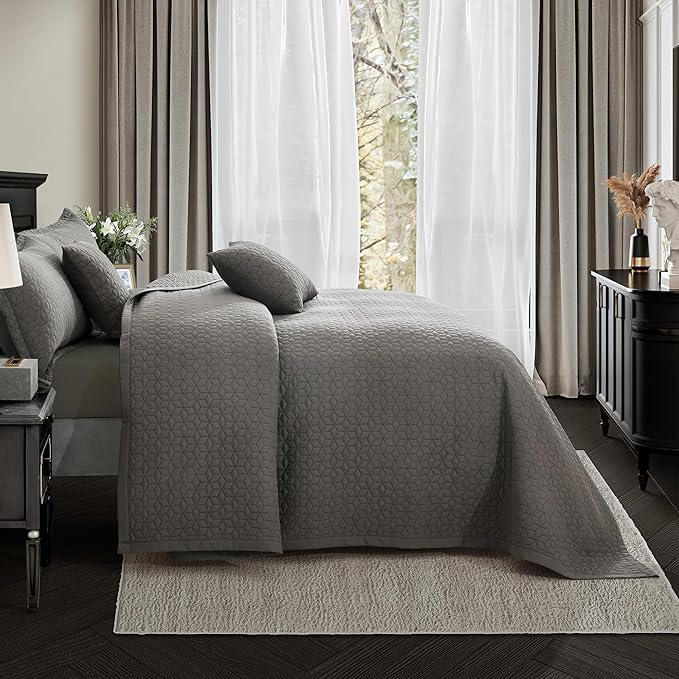 Oversized King Bedspread 128x120 Extra Wide, Modern & Contemporary Look, Lightweight Bedding Cover, Reversible, 5 Piece, 100% Microfiber, Brown