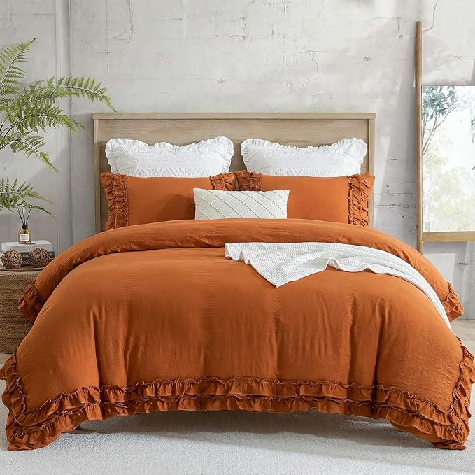 Bedorm Ruffled King Duvet Cover Burnt Orange Bedding Set Rust Lace Ruffle Boho Chic Bedroom Decor Super Soft Breathable Pumpkin Duvet Cover Set French Country Style