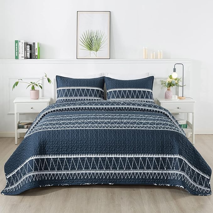Andency Navy Oversized Super King Quilt Set, 3 Pieces Boho Lightweight Soft Striped Bedspread for All Season (120"x120"), Printed Bohemian Microfiber Reversible Coverlet Comforter Sets