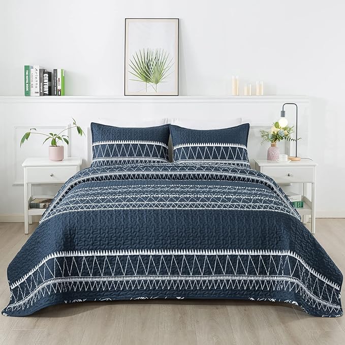 Andency Navy King Size Quilt Set, 3 Pieces Boho Lightweight Soft Striped Bedspread for All Season (106"x96"), Printed Bohemian Microfiber Reversible Coverlet Comforter Sets