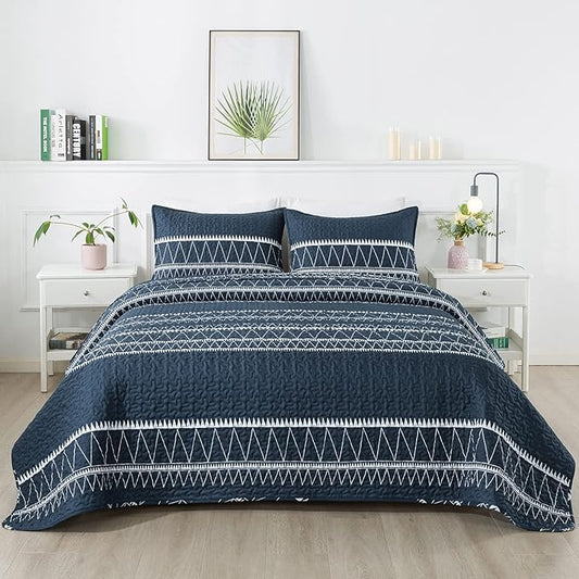 Andency Navy Quilts Queen Size, 3 Pieces Queen Quilt Bedding Set Boho Lightweight Soft Striped Bedspread for All Season (90"x96"), Printed Bohemian Microfiber Reversible Coverlet Comoforter Sets