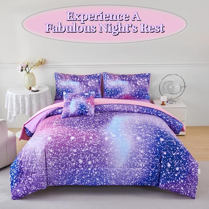 PERFEMET Girls Twin Comforter Set with Sheets 6-Piece Bed in a Bag Rainbow Fluffy Bedding Set for Girls Kids 3D Colorful Tie Dye Bedroom Bed Set (Purple Pink, Twin)