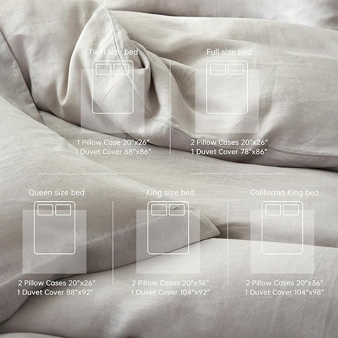 Simple&Opulence 100% Linen Duvet Cover Set, 3 PCS Natural French Flax Light Grey Duvet Cover Queen Size, Breathable Soft Comfy Linen Bedding Comforter Cover with 2 Pillowcases(Light Grey, 88" x 92")