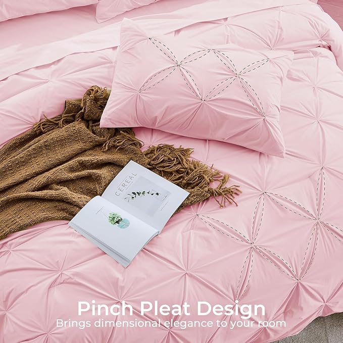 Sasttie Twin Comforter Set, 5-Piece Bed in a Bag, Pintuck Bedding Sets for All Season, Includes Comforter, Flat Sheet, Fitted Sheet, Pillowcase and Pillowsham, Baby Pink