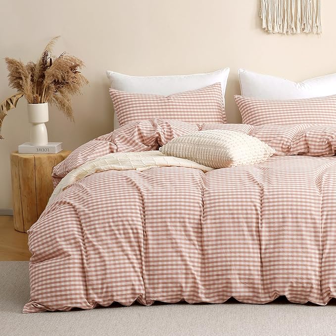 TOCOMOA Pink Tan Gingham Duvet Cover Bedding Set 100% Washed Cotton Like Linen Feel Super Soft Comfy 2 Piece Vintage Plaid Checkered Fall Comforter Cover Set (Twin 68"x90", Comforter Not Included)