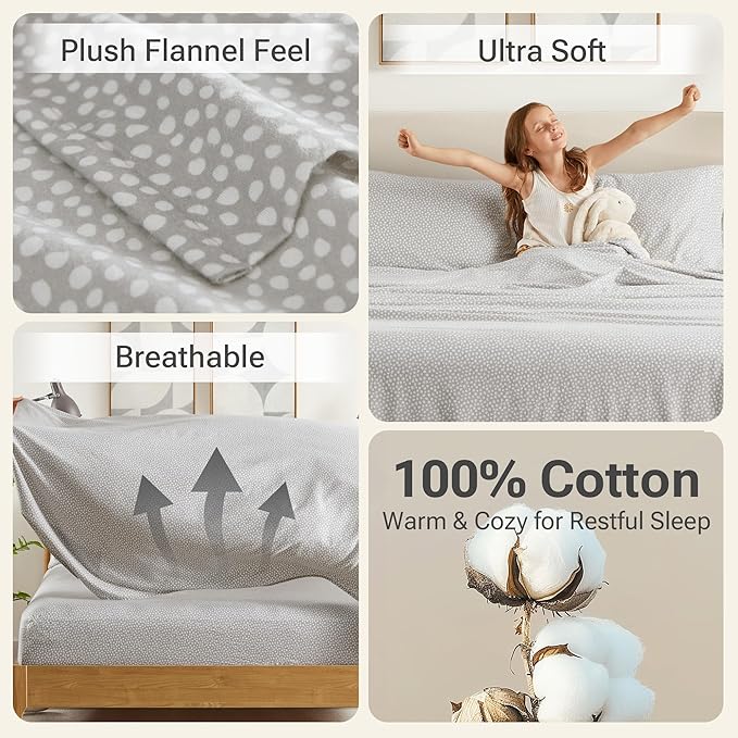 True North by Sleep Philosophy Cozy Flannel Warm 100% Cotton Sheet - Novelty Print Animals Stars Cute Ultra Soft Cold Weather Bedding Set, Full, Grey Dots 4 Piece