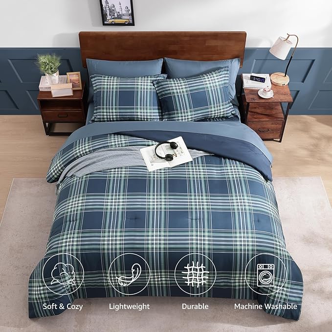 Plaid Twin XL Comforter Set, Midnight Blue Bedding Set 5 Pieces for Boys Girls Teen, Classic Farmhouse Bed in a Bag for Dorm with Sheets, Pillowcase & Sham
