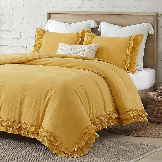 Bedorm Ginger Yellow Bedding Set Queen Ruffle Duvet Cover Super Soft Cozy Washed Microfiber Bedding Shabby Chic Coquette Decor Farmhouse Boho Duvet Cover Set