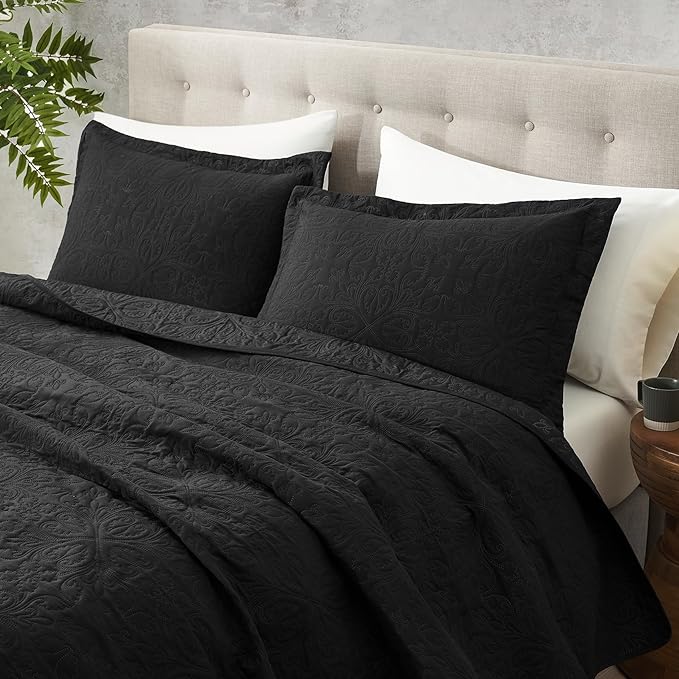 Hansleep Black Quilt Queen Size - Baroque Ultrasonic All Season Bedspread Queen, Soft Lightweight Coverlet Bedding Set, 3 Pieces (1 Quilt, 2 Pillow Shams)
