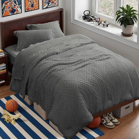 Zzlpp Twin Comforter Set 5 Pieces, Dark Grey Tufted Bed in a Bag with Comforter and Sheets, All Season Boho Bedding Sets with 1 Comforter, 1 Pillow Sham, 1 Pillowcase, 1 Flat Sheet, 1 Fitted Sheet