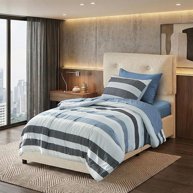 Twin Size Striped Comforter Set, Soft Microfiber Reversible Bedding Sets for All Season 5 Pieces Bed in A Bag Set with Comforter, Sheets, Pillowcase & Sham, Navy/Blue