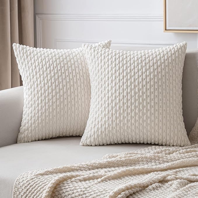 MIULEE Christmas Throw Pillow Covers Soft Corduroy Decorative Eruo Sham Set of 2 Boho Striped Pillow Covers Pillowcases Farmhouse Home Decor for Couch Bed Sofa Living Room 24x24 Inch Pure White