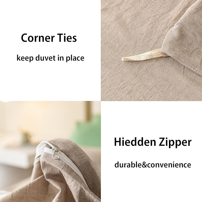 JIYUAN 100% Washed Cotton Duvet Cover Set Comfy Simple Style Soft Breathable Textured Durable Linen Feel Bedding for All Seasons Queen, Taupe