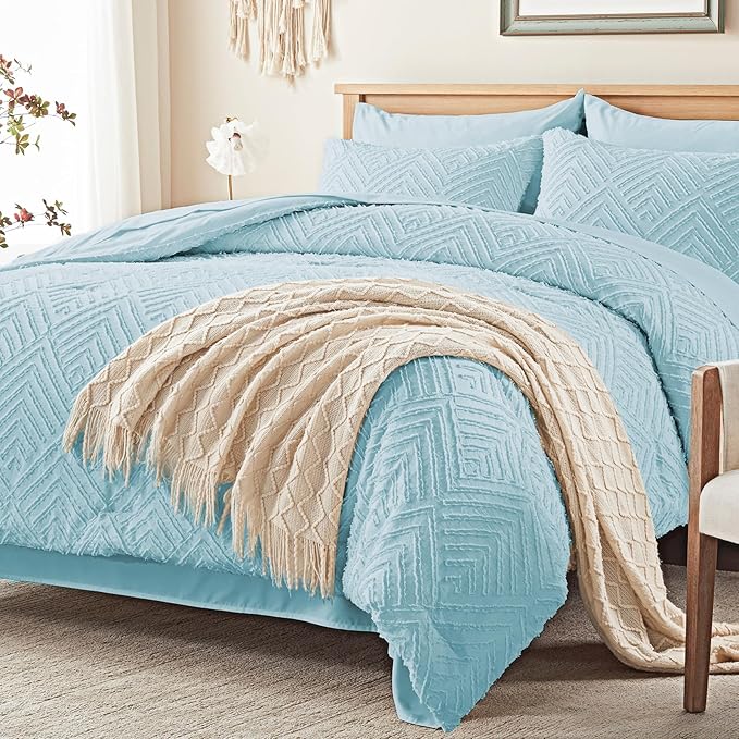 Zzlpp Full Comforter Set 7 Pieces, Light Blue Tufted Bed in a Bag with Comforter and Sheets, All Season Boho Bedding Sets with Comforter, 2 Pillow Shams, 2 Pillowcases, 1 Flat Sheet, 1 Fitted Sheet