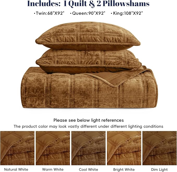 PHF Ultra Soft Velvet Quilt Set King Size – 3PCS Luxurious Cozy Quilted Comforter Alternative with Diamond Pattern, Warm Quilted Bedspread Coverlet, 108" x 92", Rusty Burnt Orange
