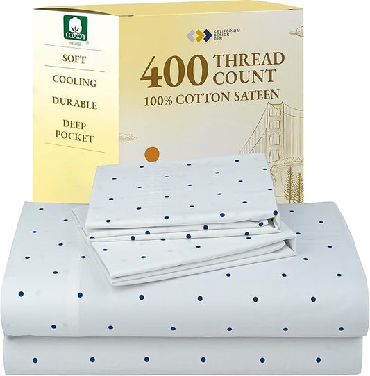 California Design Den Printed King Size Sheets Set - 400 Thread Count, Soft Sateen, Natural 100% Cotton Sheets, Deep Pockets, and Durable Bedding Set - Polka Dot