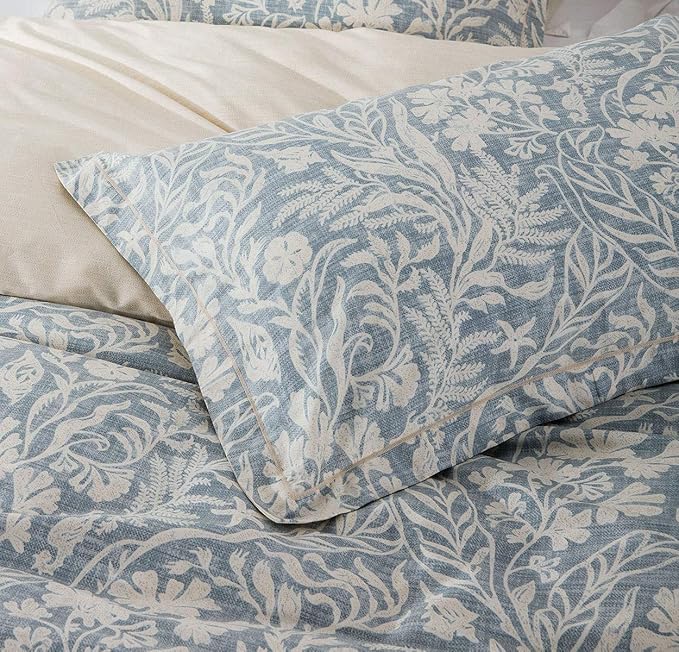SLEEPBELLA Duvet Cover Queen Size, 600 Thread Count Cotton Beige & Bluish Grey Printed with Luxurious Leaves Pattern Reversible Botanical Comforter Cover Sets, Bedding Set 3Pcs (Queen, Beige Paisley)