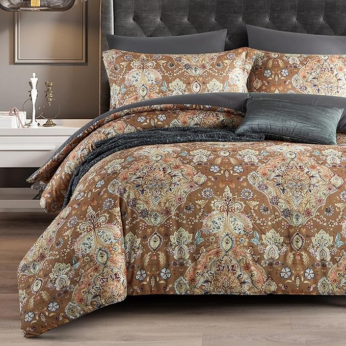 Cupocupa King Duvet Cover Set - 3pc Boho Paisley Floral Bedding - Vintage Botanical Leaf Print Soft Microfiber - All-Season Breathable Quilt Cover with Zipper & Corner Ties (King, 104"x90")