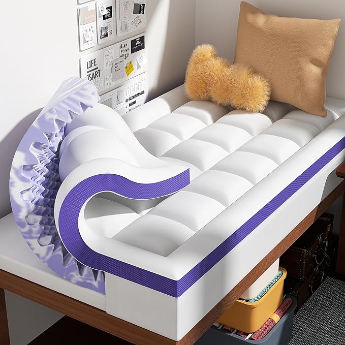 Dual Layer 4 Inch Memory Foam Mattress Topper Full XL - 2 Inch Gel Memory Foam and 2 Inch Pillow Top Mattress Pad,7-Zone Egg Crate Full XL Size Mattress Topper(White)