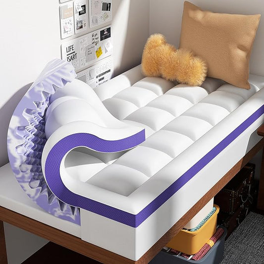 Dual Layer 4 Inch Memory Foam Mattress Topper Full XL - 2 Inch Gel Memory Foam and 2 Inch Pillow Top Mattress Pad,7-Zone Egg Crate Full XL Size Mattress Topper(White)