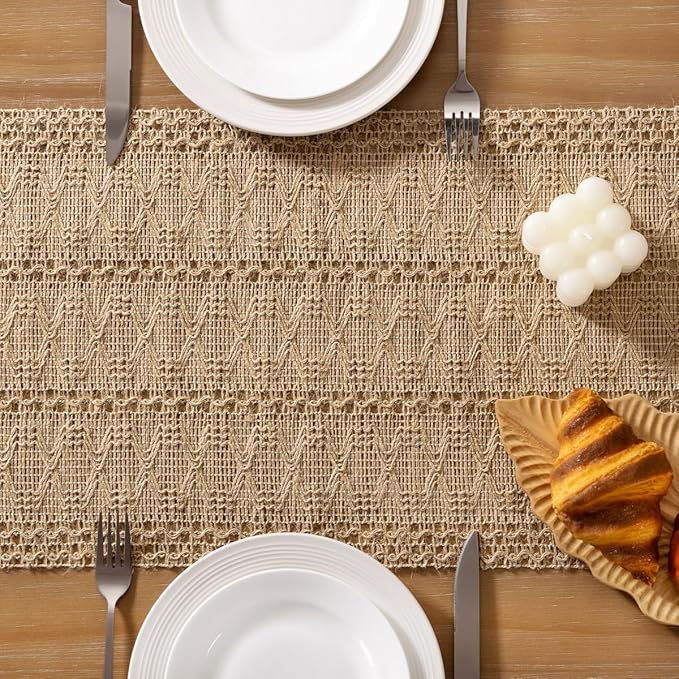 Socomi Boho Table Runner Easter Spring Farmhouse Burlap Jute Bamboo Rustic Dining Kitchen Centerpiece Decor Long Macrame Woven Coffee Table Runner for Dresser Scarf Home Decor 12x108 inch