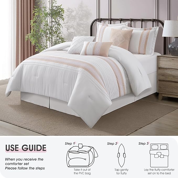 7 Piece Comforter Set, Pink White, Queen Size, Boho Style Geometric Microfiber Embroidery, Bed in a Bag with Bedskirt, Pillow Shams and Decor Pillows