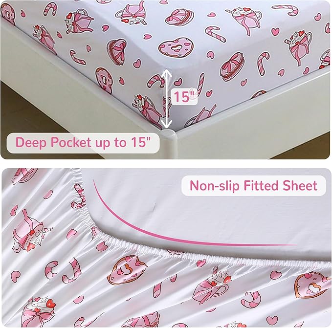 Viviland Kids Full Bedding Sets for Girls, Soft Full Comforter Set with Sheets, 7 Pieces Microfiber Bed in a Bag, Pink Dessert Cake