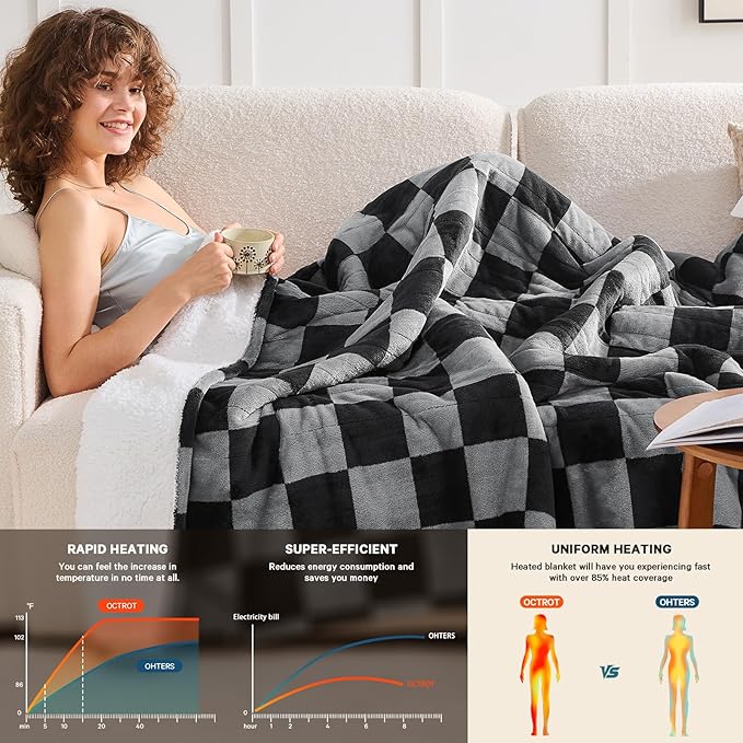 Heated Electric Blanket Throw, 50X60 Heating Blanket with 10 Heat Level & 8 Hours Auto Off for Lap, Black Gray Checkered Plaid Soft Sherpa Blankets Warmer Gifts for Couch Grandma Women Adults