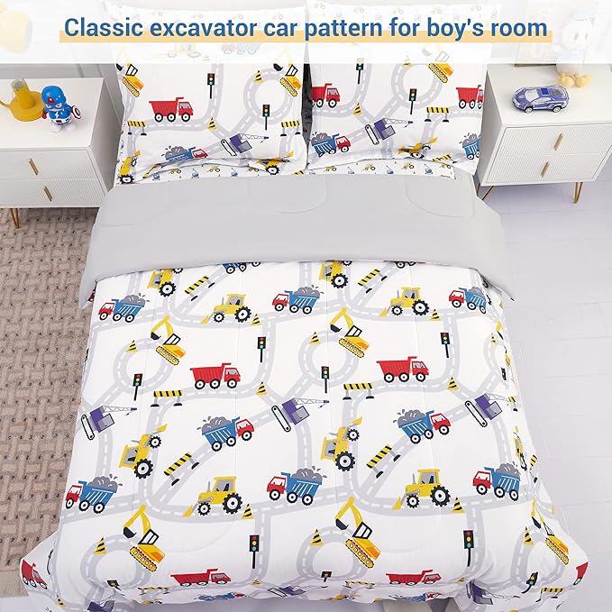 Viviland Kids Full Bedding Sets for Boys, Girls Soft Full Comforter Set with Sheets, 7 Pieces Microfiber Bed in a Bag, White Car Excavator