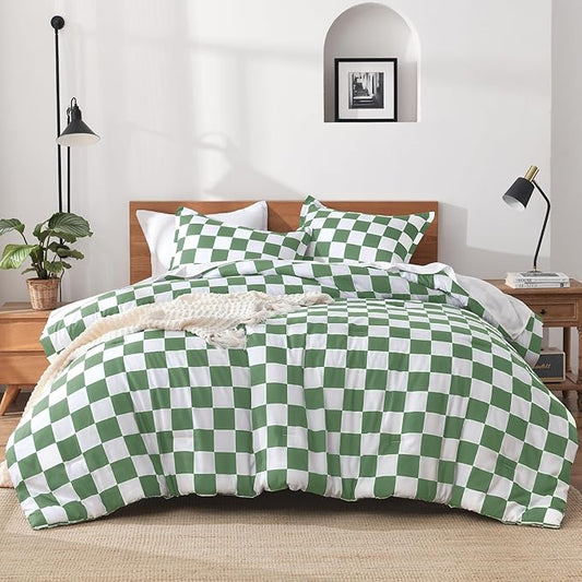 Andency Green Checkered Comforter Queen(90x90Inch), Plaid Gingham Buffalo Grid Bedding Comforter Sets for Boys Kids Teens, 3 Pieces Lightweight Microfiber Geometric Preppy Bed Set