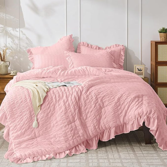 JOLLYVOGUE Pink Twin Size Comforter Set, 2 Pieces Seersucker Lightweight Fluffy Bedding Set, Twin Ruffle Comforter, All Season Soft Microfiber Shabby Chic Bed Set