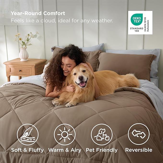 Bedsure Full Size Comforter Set - 7 Pieces Reversible Brown Bedding, Full Size Bed Set for All Seasons, Bed in a Bag with Down Alternative Comforter, Sheets, Pillowcases & Shams