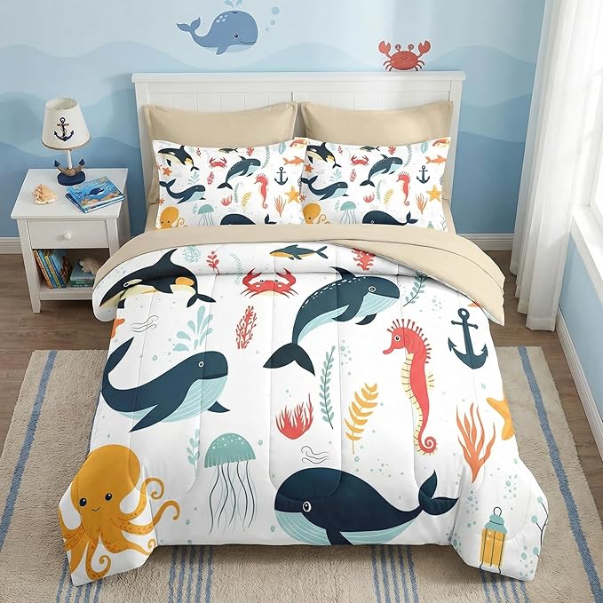 Nesker 7 Pcs Comforter Set Full Size, Whales Octopuses Seahorses Bedding for Kids Teen, Ocean Sea Animal with Fitted Sheet 2 Pillowcases & 2 Shams for Bedroom Bed Decor