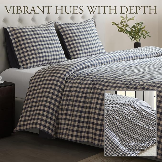 DAPU Linen Duvet Cover King,Yarn Dyed Gingham Check Plaid 100% Washed Linen Bedding with Envelope Closure,3 PCs Soft Linen Duvet Cover Set, Geometric Checkered Pattern in Navy Blue & White,King Size